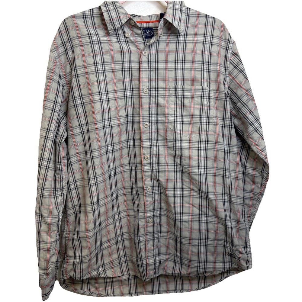 Chaps Mens L Long Sleeve Button Down Flannel Shirt Plaid Orange Black Gray - Picture 3 of 8
